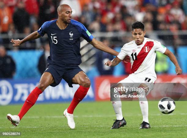 Steven N'Zonzi of France in action against Raul Ruidiaz of Peru during the 2018 FIFA World Cup Russia Group C match between France and Peru at the...