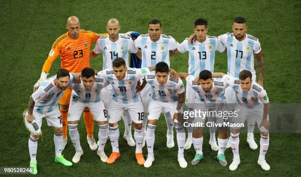 Argentina team pose prior to the 2018 FIFA World Cup Russia group D match between Argentina and Croatia at Nizhny NovgorodStadium on June 21, 2018 in...