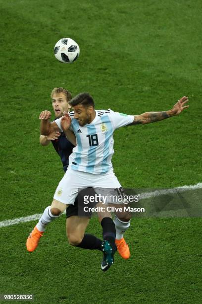 Ivan Strinic of Croatia battles for possession with Eduardo Salvio of Argentina during the 2018 FIFA World Cup Russia group D match between Argentina...