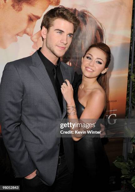 Actor Liam Hemsworth and actress/singer Miley Cyrus arrive at the premiere of Touchstone Picture's "The Last Song" held at ArcLight Hollywood on...