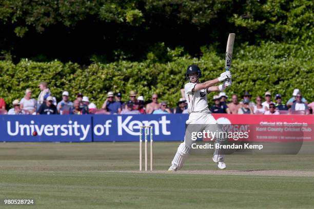 Joe Denly of Kent bats on day two of the Specsavers County Championship: Division Two match between Kent and Warwickshire at The Nevill Ground on...