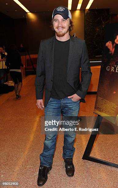 Actor Garrett Hedlund arrives at the premiere of The Creative Coalition's "The Greatest" held at the Linwood Dunn Theater on March 25, 2010 in...