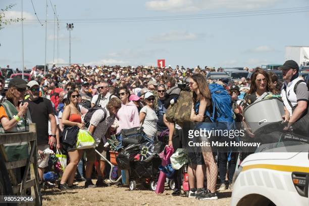 Festival crowd queuing at Seaclose Park on June 21, 2018 in Newport, Isle of Wight.