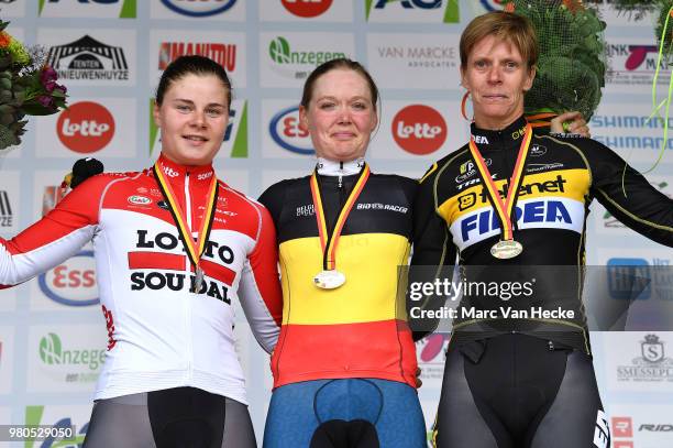 Podium / Lotte Kopecky of Belgium and Team Lotto Soudal Ladies Silver Medal / Ann-Sophie Duyck of Belgium and Cervelo-Bigla Pro Cycling Team Gold...