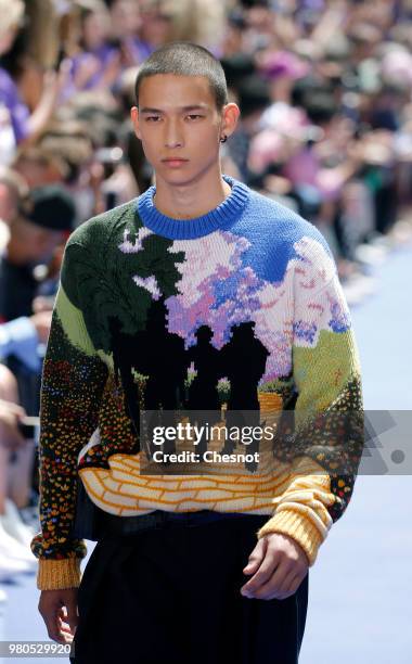 Model walks the runway during the Louis Vuitton Menswear Spring/Summer 2019 show as part of Paris Fashion Week on June 21, 2018 in Paris, France.