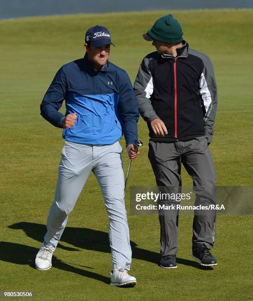 Mitch Waite of Filton reacts after his victory over Timo Vahlenkamp of Germany at the first play off hole during the fourth day of The Amateur...