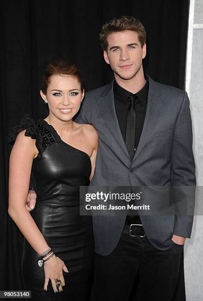 Actor Liam Hemsworth and actress/singer Miley Cyrus arrive at the "The Last Song" Los Angeles premiere held at ArcLight Hollywood on March 25, 2010...