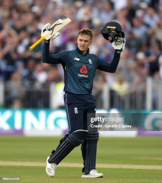 Jason Roy of England celebrates reaching his century during the 4th Royal London One Day International between England and Australia at Emirates...