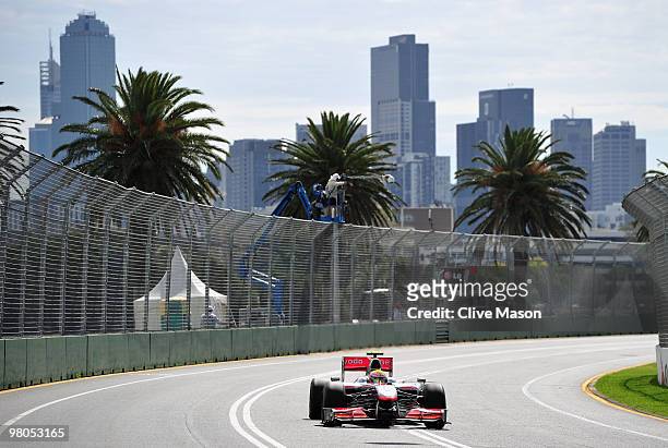 Lewis Hamilton of Great Britain and McLaren Mercedes drives during practice for the Australian Formula One Grand Prix at the Albert Park Circuit on...