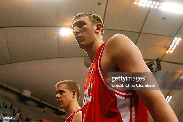 Jeff Foote of the Cornell Big Red walks off the court dejected after Cornell lost 62-45 against the Kentucky Wildcats during the east regional...