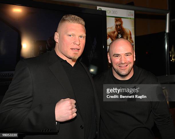 Figther Brock Lesnar and Dana White, President of UFC, attend the New York premiere of "UFC Undisputed 2010" at M2 Ultra Lounge on March 25, 2010 in...