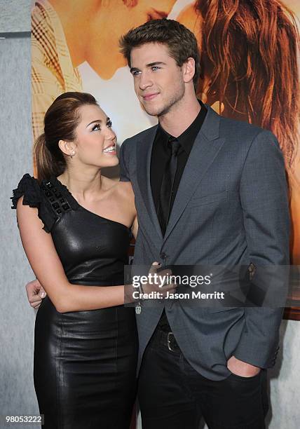 Actor Liam Hemsworth and actress/singer Miley Cyrus arrive at the "The Last Song" Los Angeles premiere held at ArcLight Hollywood on March 25, 2010...