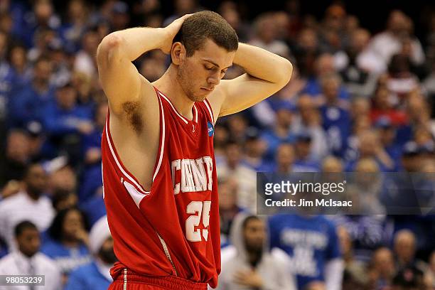 Jon Jaques of the Cornell Big Red walks on the court with his head down against the Kentucky Wildcats during the east regional semifinal of the 2010...