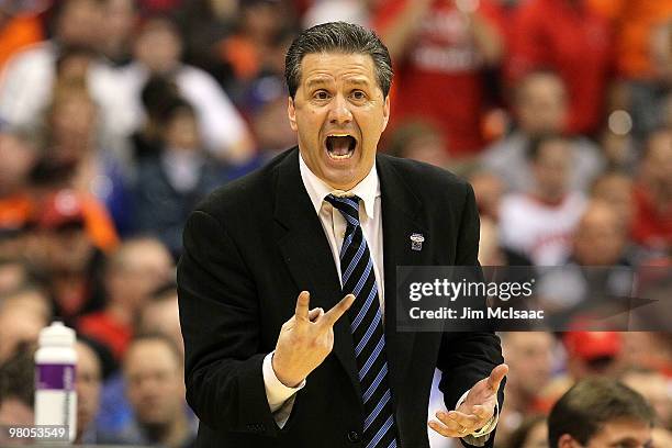 Head coach John Calipari of the Kentucky Wildcats reacts against the Cornell Big Red during the east regional semifinal of the 2010 NCAA men's...