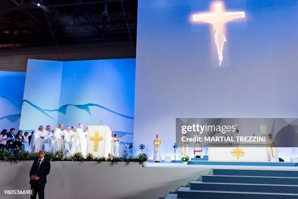 Pope Francis celebrates a mass during his one-day visit at the invitation of the World Council of Churches on June 21, 2018 in Palexpo hall inGeneva....