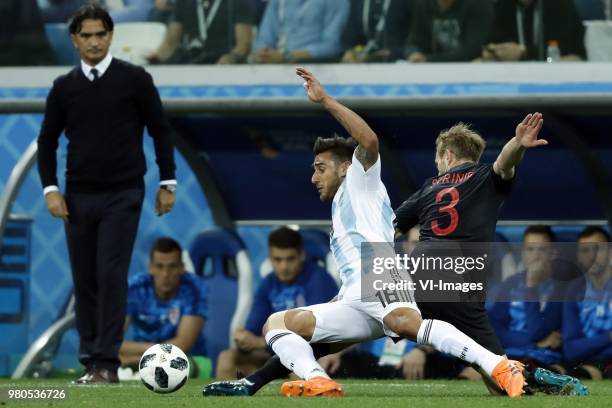 Coach Zlatko Dalic of Croatia, Eduardo Salvio of Argentina, Ivan Strinic of Croatia during the 2018 FIFA World Cup Russia group D match between...