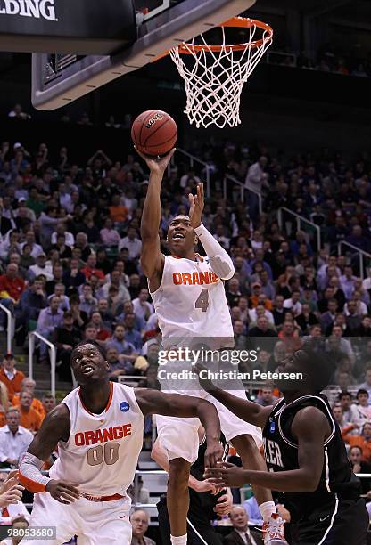 Wes Johnson of the Syracuse Orange puts up shot against the Butler Bulldogs during the west regional semifinal of the 2010 NCAA men's basketball...