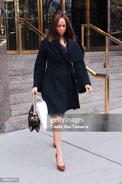 Television personality Tyra Banks leaves Jean-Georges Restaurant on March 25, 2010 in New York City.