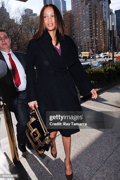 Television personality Tyra Banks enters Jean-Georges Restaurant on March 25, 2010 in New York City.