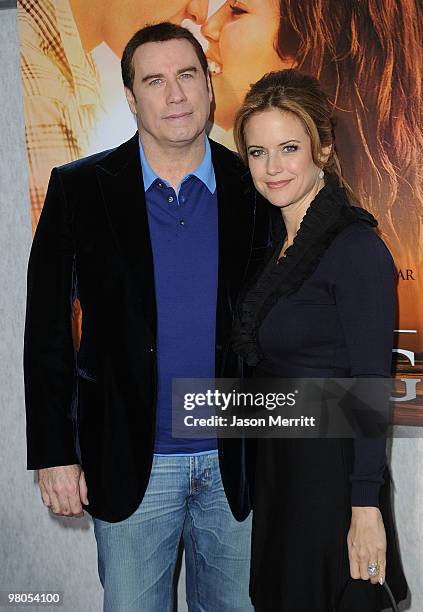 Actor John Travolta and Kelly Preston arrive at the "The Last Song" Los Angeles premiere held at ArcLight Hollywood on March 25, 2010 in Hollywood,...