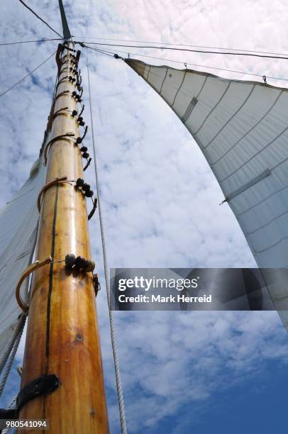 jib and wooden mast of schooner sailboat - jib stockfoto's en -beelden