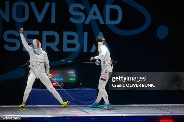 Frances Mallo Auriane celebrate a victory over Knapik-Miazga Renata from Poland during the women's final of Epee competition at the European Fencing...