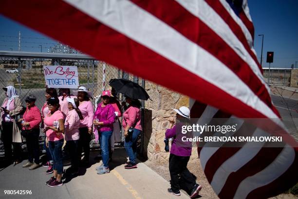 Activists wait outside the Tornillo Port of Entry where minors crossing the border without the proper papers have been housed after being separated...