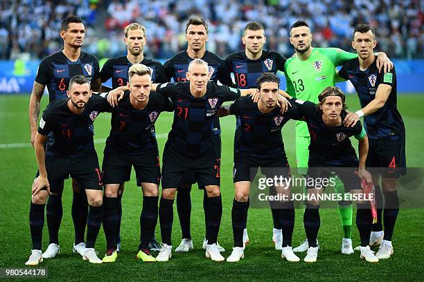 Croatia's players defender Dejan Lovren, defender Ivan Strinic, forward Mario Mandzukic, forward Ante Rebic, goalkeeper Danijel Subasic, forward Ivan...