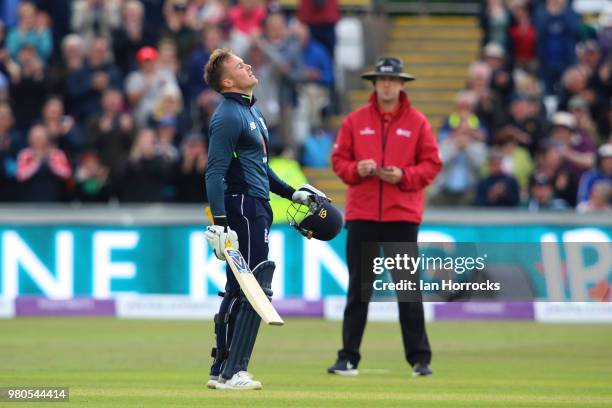 Jason Roy of England celebrates reaching 100 during the 4th Royal London ODI at Emirates Durham ICG on June 21, 2018 in Chester-le-Street, England.