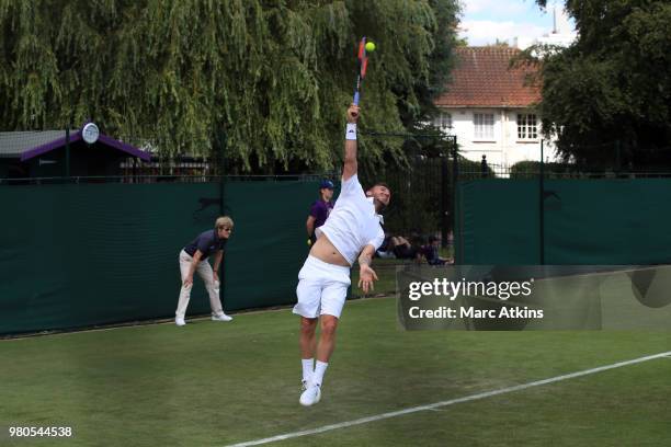 Dan Evans of Great Britain in action during Wimbledon 2018 Pre-Qualifying at Southlands College Tennis Courts on June 21, 2018 in London, England.