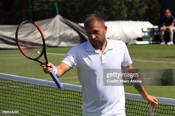 Dan Evans of Great Britain reacts during Wimbledon 2018 Pre-Qualifying at Southlands College Tennis Courts on June 21, 2018 in London, England.