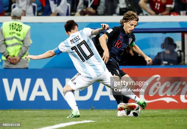 Lionel Messi of Argentina in action against Luka Modric of Croatia during the 2018 FIFA World Cup Russia Group D match between Argentina and Croatia...