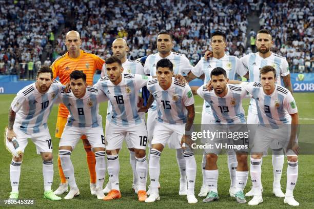 Back row goalkeeper Willy Caballero of Argentina, Javier Mascherano of Argentina, Gabriel Mercado of Argentina, Maximiliano Meza of Argentina,...