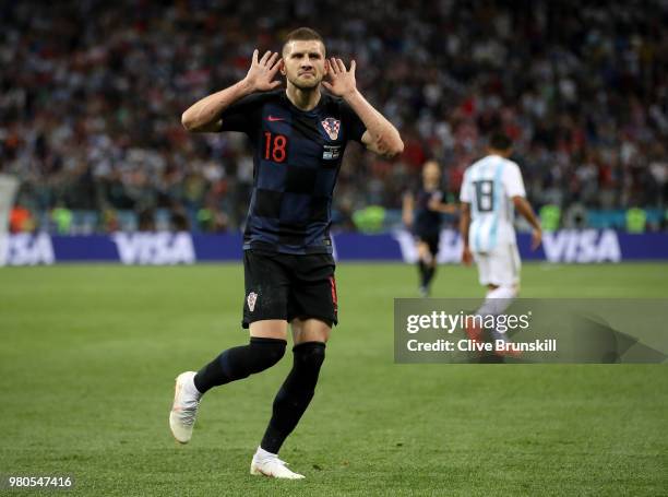 Ante Rebic of Croatia celebrates after scoring his team's first goal during the 2018 FIFA World Cup Russia group D match between Argentina and...