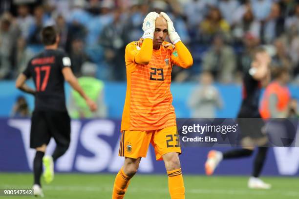 Wilfredo Caballero of Argentina looks dejected after his mistake leads to a Croatia goal during the 2018 FIFA World Cup Russia group D match between...