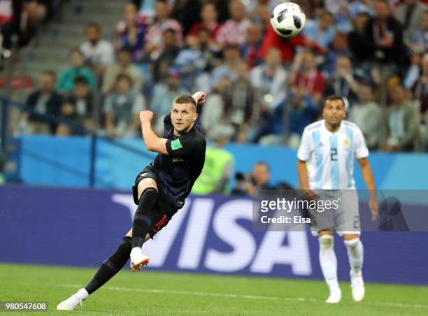 Ante Rebic of Croatia scores his team's first goal during the 2018 FIFA World Cup Russia group D match between Argentina and Croatia at Nizhny...
