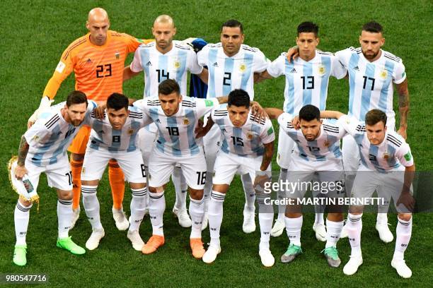 Team Argentina wiyh Argentina's goalkeeper Willy Caballero, Argentina's midfielder Javier Mascherano, Argentina's defender Gabriel Mercado,...