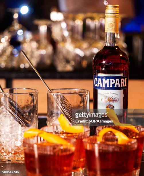 Bottle of Campari, an alcoholic liqueur containing herbs and fruit , invented in 1860 by Gaspare Campari in Novara, Italy.