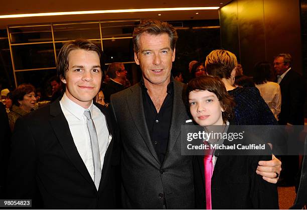 Actors Johnny Simmons, Pierce Brosnan, and Kodi Smit-McPhee attend "The Greatest" Los Angeles Premiere After Party at Linwood Dunn Theater at the...