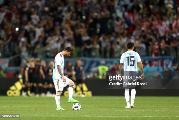 Lionel Messi of Argentina looks on dejected after Croatia's first goal during the 2018 FIFA World Cup Russia group D match between Argentina and...