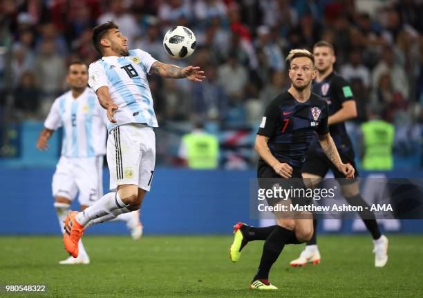 Eduardo Salvio of Argentina competes with Ivan Rakitic of Croatia during the 2018 FIFA World Cup Russia group D match between Argentina and Croatia...