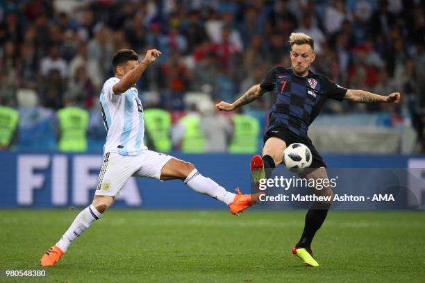 Eduardo Salvio of Argentina competes with Ivan Rakitic of Croatia during the 2018 FIFA World Cup Russia group D match between Argentina and Croatia...