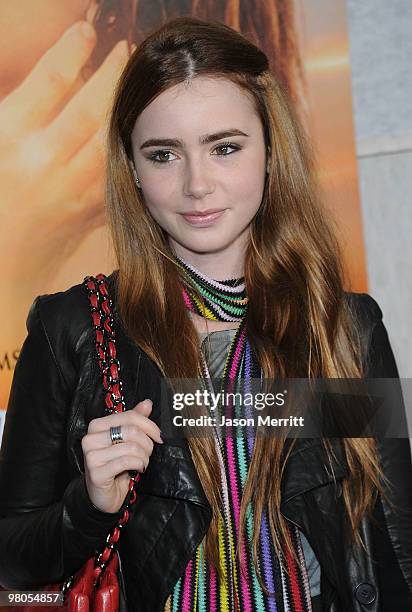 Actress Lily Collins arrives at the "The Last Song" Los Angeles premiere held at ArcLight Hollywood on March 25, 2010 in Hollywood, California.