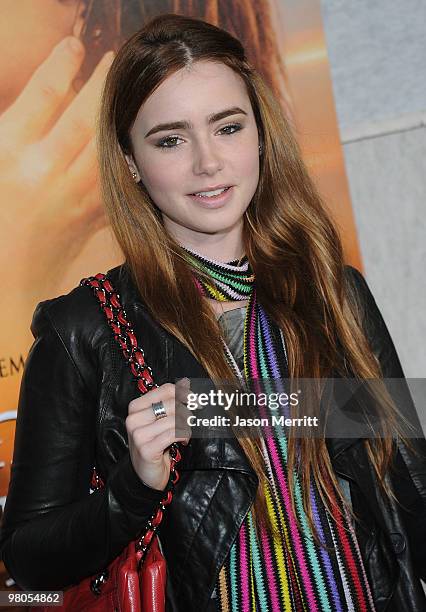 Actress Lily Collins arrives at the "The Last Song" Los Angeles premiere held at ArcLight Hollywood on March 25, 2010 in Hollywood, California.