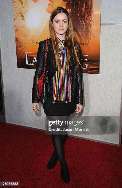 Actress Lily Collins arrives at the "The Last Song" Los Angeles premiere held at ArcLight Hollywood on March 25, 2010 in Hollywood, California.