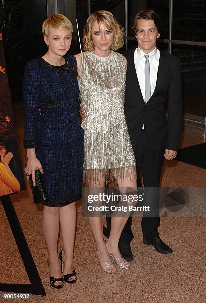Carey Mulligan, Shana Feste and Johnny Simmons arrives at "The Greatest" Los Angeles Premiere at Linwood Dunn Theater at the Pickford Center for...