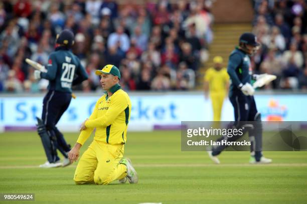 Shaun Marsh of Australia sinks to his knees as Bairstow and Roy of England make their way to a 174 partnership during the 4th Royal London ODI at...