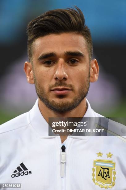 Argentina's midfielder Eduardo Salvio poses before the Russia 2018 World Cup Group D football match between Argentina and Croatia at the Nizhny...