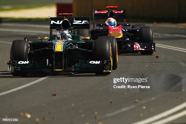 Jarno Trulli of Italy and Lotus drives during practice for the Australian Formula One Grand Prix at the Albert Park Circuit on March 26, 2010 in...