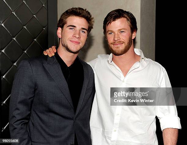 Actor Liam Hemsworth and his brother Chris Hemsworth arrive at the afterparty for the premiere of Touchstone Pictures' "The Last Song" at The W Hotel...